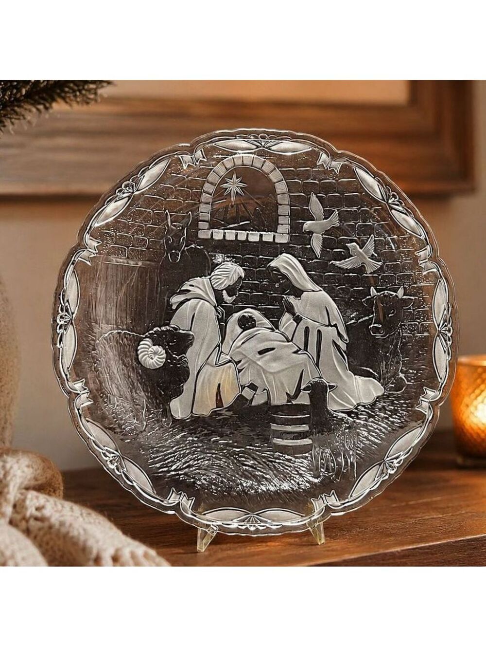 Vtg 13" Mikasa Nativity Glass Plaque Holy Family Christmas Platter in Orig Box
